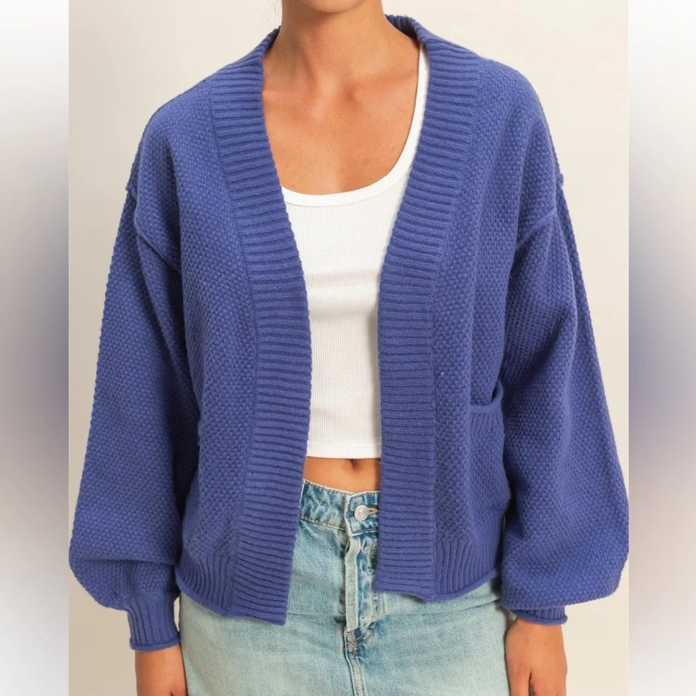 Double Zero Oversized Textured Knit Cardigan Sweater – Dusty Indigo (S, M, L)